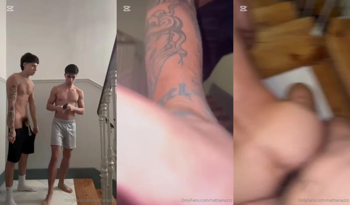 Hung twink Angel Elias fucks horny boy Nathan Luna in the stairwell with his long curved cock